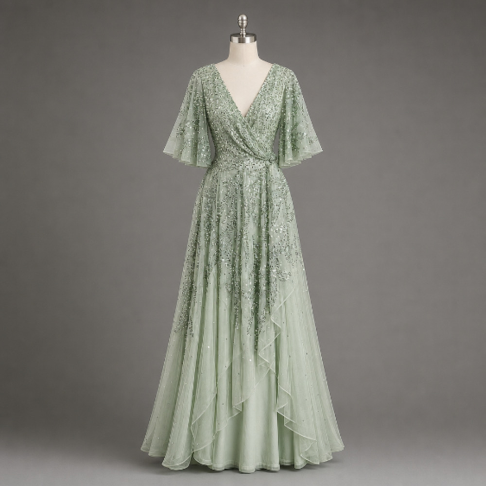 NWT Mac Duggal Sequined Butterfly Sleeve High-Low Gown - Sage Green Size 10